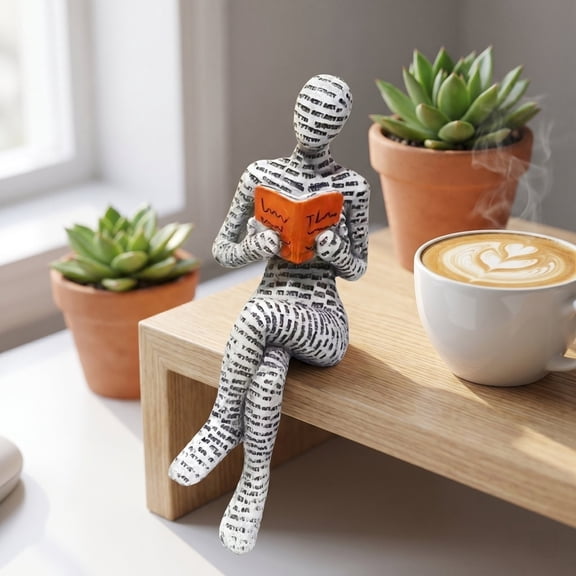 Abstract Letter Reading Figurine Resin Ornament with Reading Posture for Home Decor Desk Office white