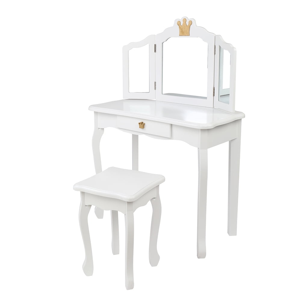 Private Jungle Children's Wooden Dressing Table Three-Sided Folding Mirror Dressing Table Chair Single Drawer,White Crown Style Private Jungle Children's Wooden Dressing Table Three-Sided Folding Mirror Dressing Table Chair Single Drawer,White Crown Style