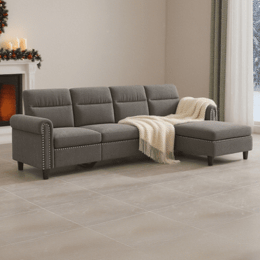 L-Shaped Sectional Sofa, Lofka 106" Sleeper Sofa and Couch Bed with Moveable and Storage Ottoman for Living Room, Dark Gray