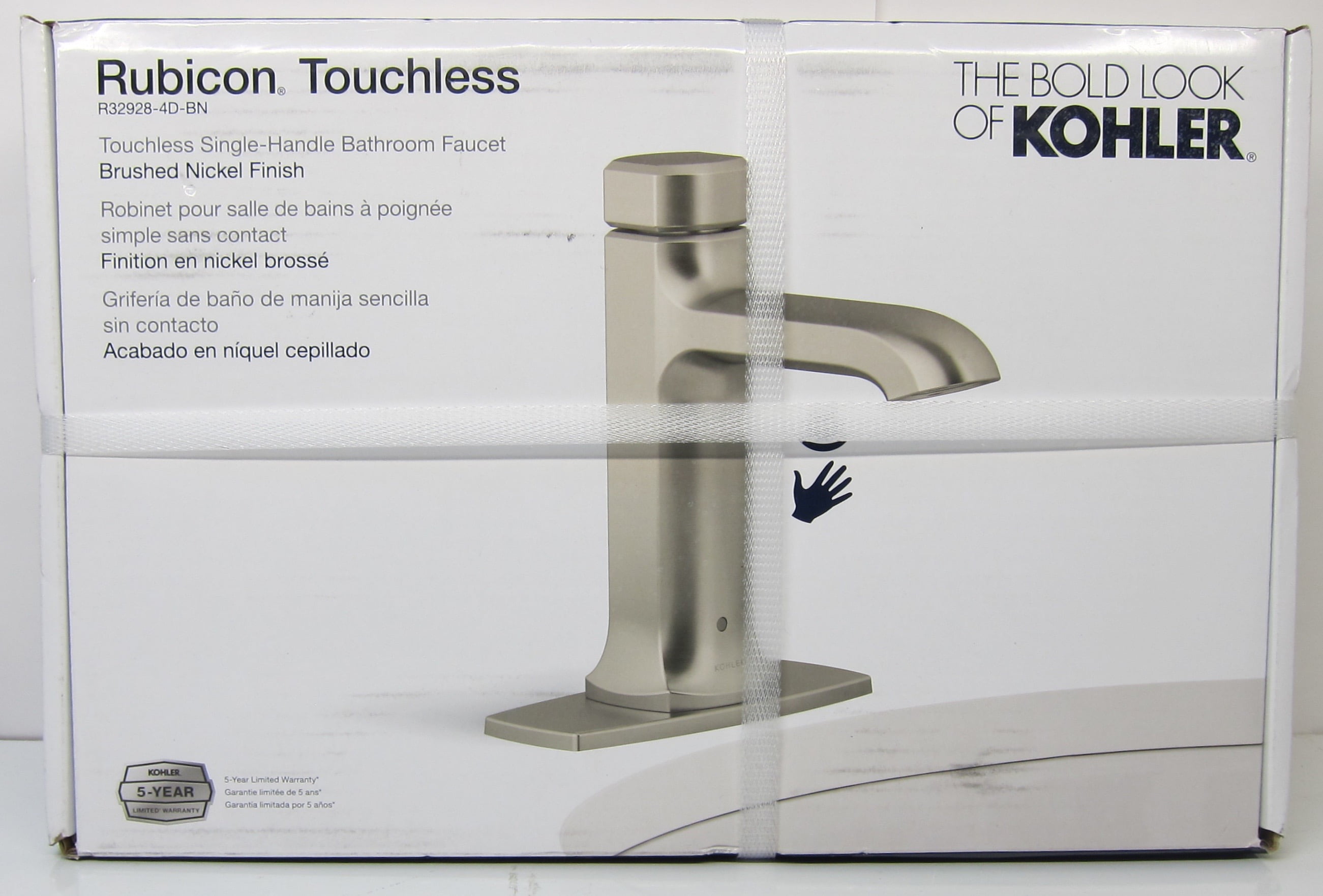 KOHLER Rubicon Battery Powered Touchless Single Hole Bathroom Faucet in Vibrant Brushed Nickel