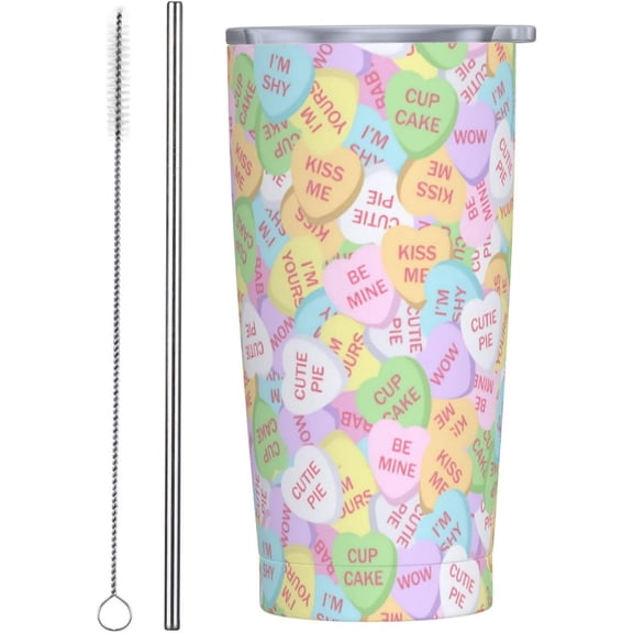 Valentine''S Day Conversation Candy Heart 20oz Tumbler Double Wall Stainless Steel Vacuum Insulated Travel Mug with Splash-Proof Lid Metal Straw and Brush