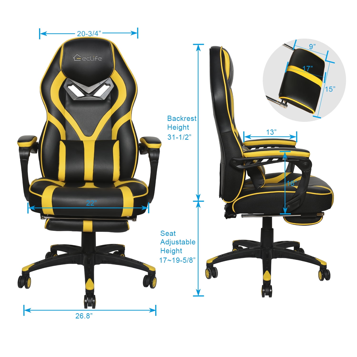 Massage Gaming Chair Ergonomic Office Chair Headrest Lumbar Support Racing Style PU Leather PC High Back Adjustable Swivel Task Chair with Footrest