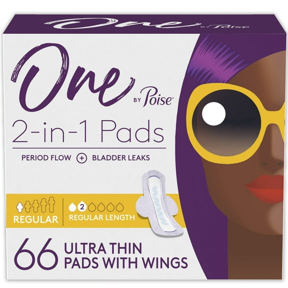 One by Poise Feminine Pads with Wings, Regular Absorbency, 66ct (3 Packs of 22)