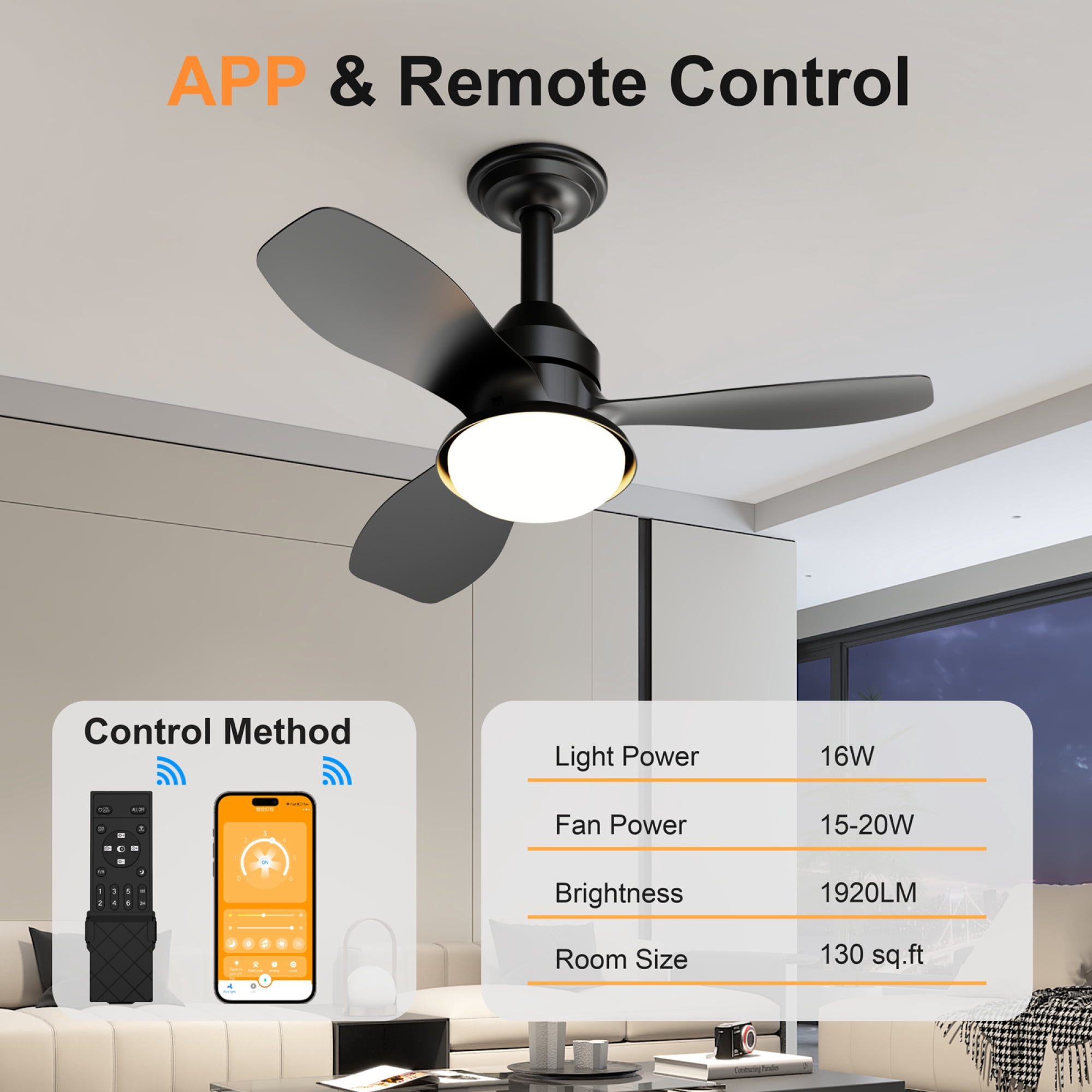 Leumius 24.4" Black Ceiling Fan with Light, 3 Blades, 6-Speed Reversible Quiet DC Motor, Dimmable LED, APP & Remote Control, Flush Mount for Bedroom Living Room Covered Patio