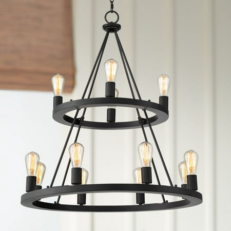 

Franklin Iron Works Lacey Black Wagon Wheel Chandelier 29 1/4 Wide Industrial Rustic LED 2-Tier 12-Light Fixture for Dining Room Foyer Kitchen Island