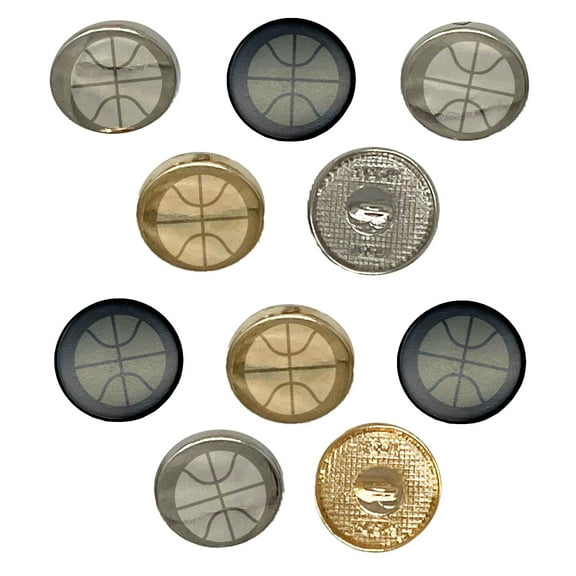 Basketball Sports Ball Set of 10 Metal 0.6" (15mm) Sewing Shank Round Buttons - Silver Color