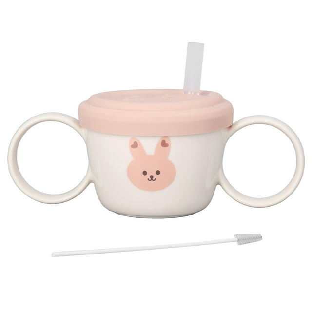 Taza para aprender a beber para bebé, taza de entrenamiento de silicona con estampado de animales de dibujos animados de 200mL, taza para bebé con pajita Binaural, taza para bebé para conejo de leche