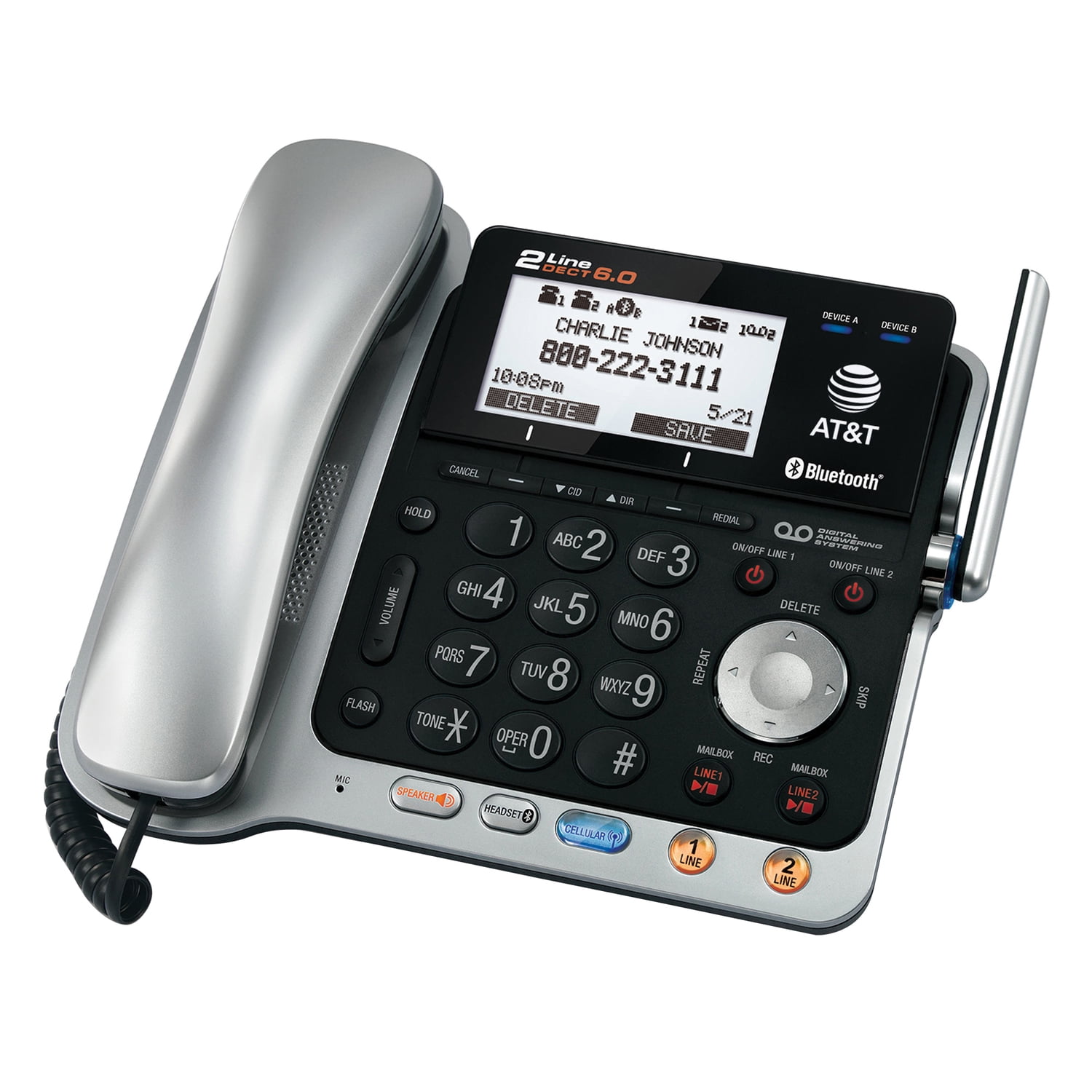 AT&T DECT 6.0 Connect to Cell 2-Line 2-Handset Expandable Corded/Cordless Phone System with Caller ID & Call Waiting, Black & Silver, TL86109