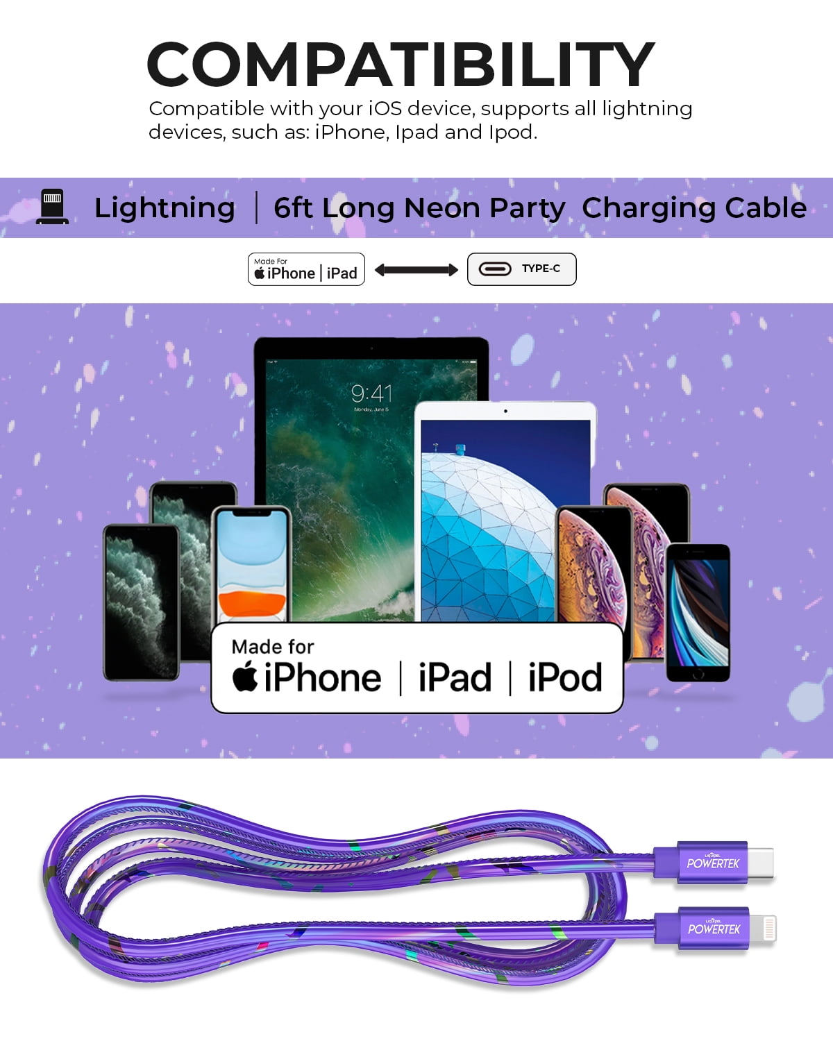 Liquipel Powertek USB C Lightning iPhone Charger Cable [MFI Certified], 6ft Fast Charging, Neon Party