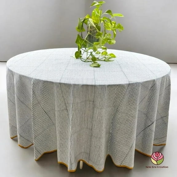 New Era Creation Blue Stripes Round Tablecloth, Indian Block Printed Cotton Cloth Table cover, Party Wedding Farmhouse Christmas Table Linen