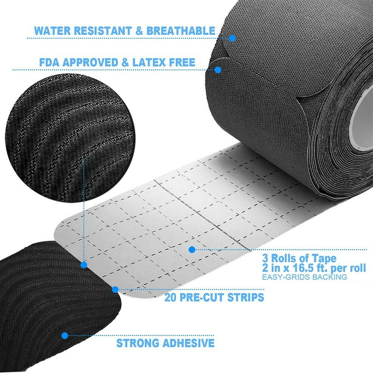 4 Rolls Kinesiology Tape Waterproof Breathable KT Tape Athletic Elastic Tape  16.5ft Uncut Rolls for Knee Pain Elbow & Shoulder Muscle for Sport Gym  Fitness Running 4 Rolls Black