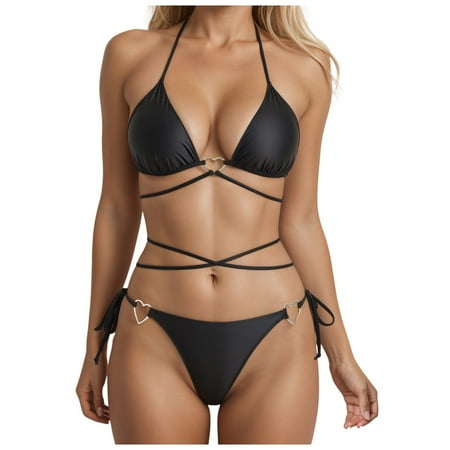 CAICJ98 Bikini Sets Women Sexy Bikini 2 Piece Bikini Spaghetti Strap Swimsuits Solid Color Bathing Swimwear Triangle Bathing Suit Black M