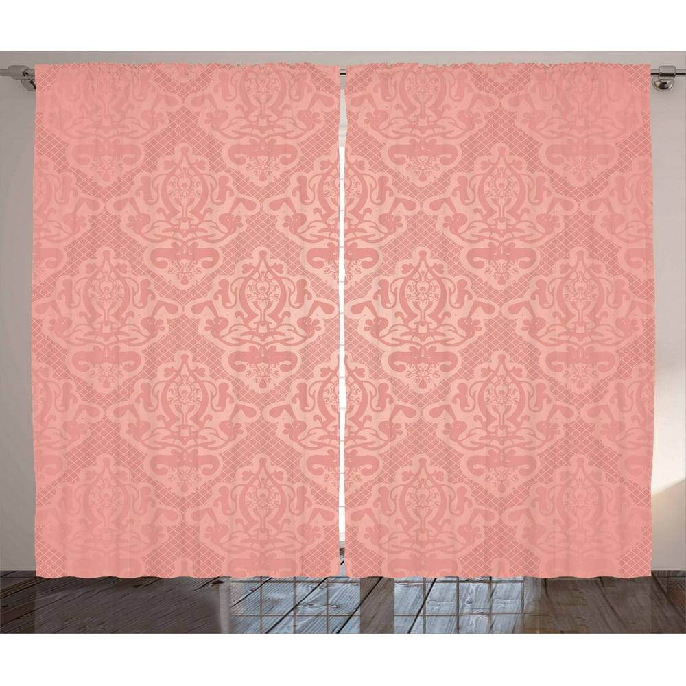 Peach Curtains 2 Panels Set, Lace Style Background with Antique Wedding