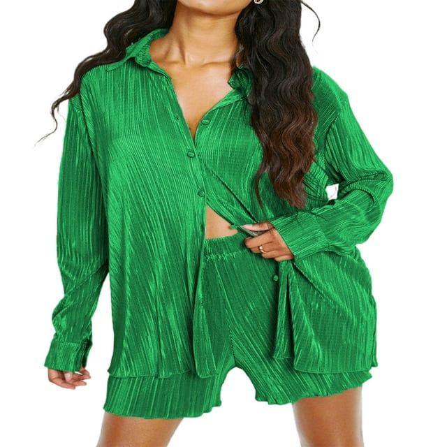 Women Casual 2 Pcs Clothes Set Solid Color Ruched Long Sleeve Button Down Shirts with Shorts Suit