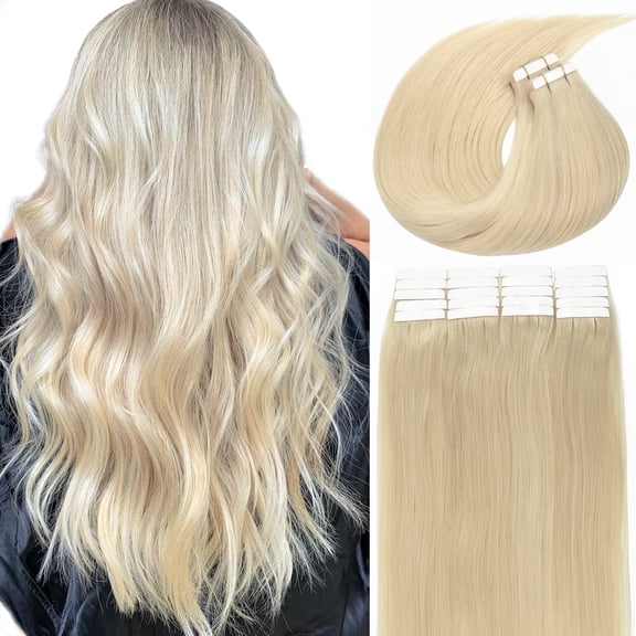 Lacerhair Tape in Hair Extensions Human Hair Ash Platinum Blonde 60A Real Remy Human Hair 50 Grams 20Pcs Double Sided PU Adhesive Hair Extensions Tape in 14 Inch