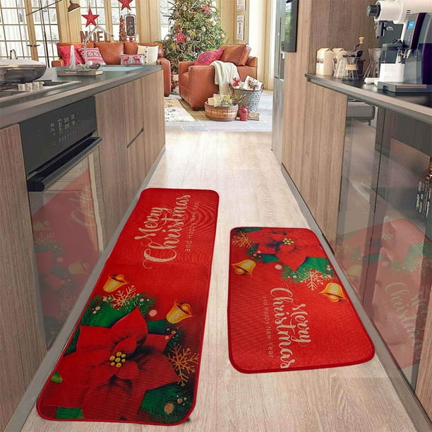 Decoraciones navideñas, 2 alfombras y tapetes de cocina navideños para el suelo, tapete antideslizante, decoración navideña para cocina, juego de tapetes de cocina (40,6 x 60,9 cm + 40,6 x 122,9 cm),