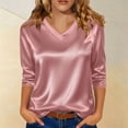 thumbnail image 5 of Wang6 Womens 3/4 Sleeve Tops Elegant V Neck Satin Tshirts Ladies Trendy Solid Going out Tunic Tees Shirts Light Pink 0713-3/4 sleeve tshirts M, 5 of 7