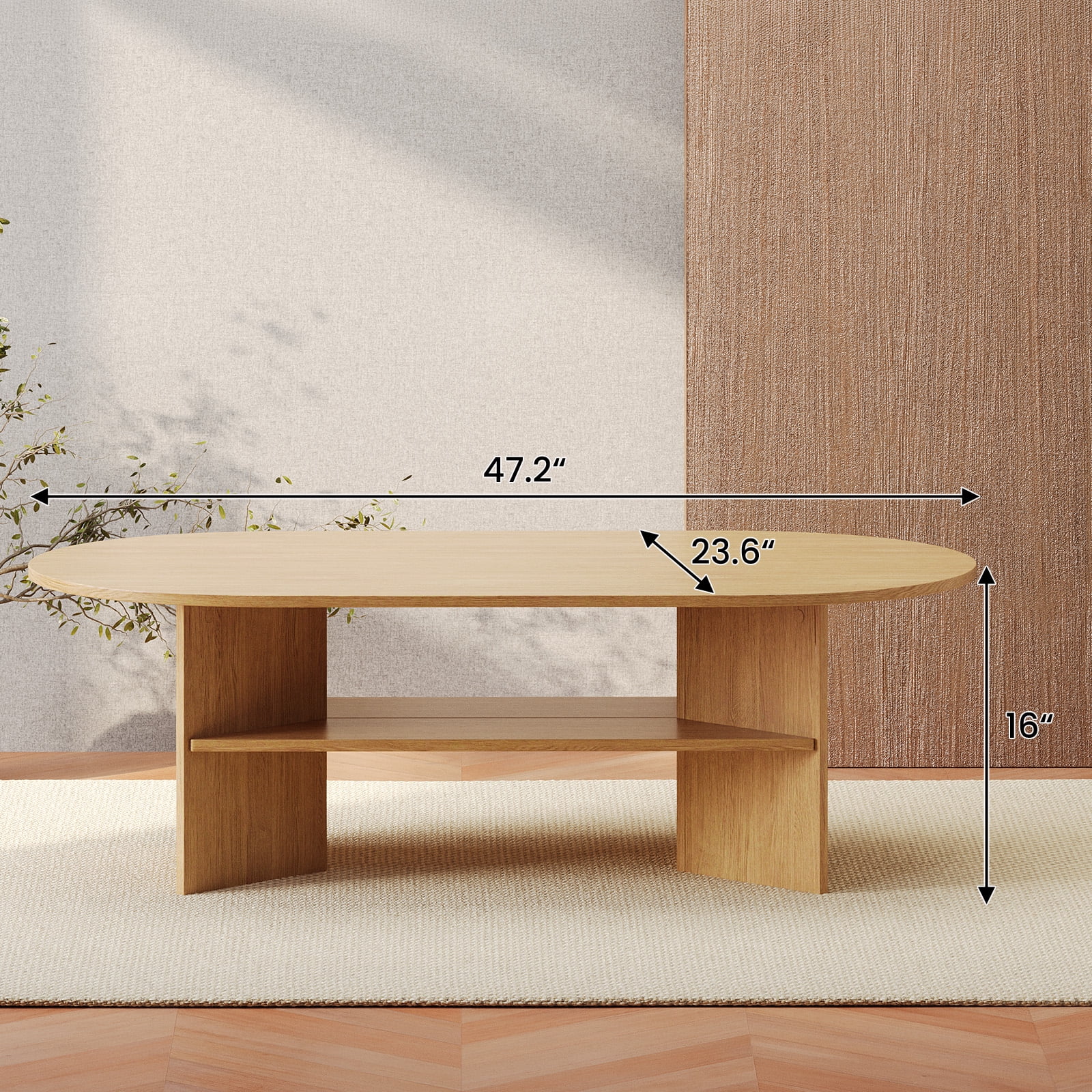 Gelloan 47" Modern Coffee Table,Oval Coffee Table,Double-layer Coffee Table with Sturdy Pedestal for Apartment,Living Room,Bedroom,Natural