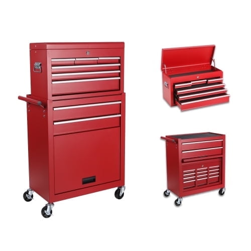 HYCHIKA Tool Chest, 8-Drawer Rolling Tool Storage Cabinet with 2 in 1 Detachable Top Tool Box, Liner, Lockable Wheels, Side Hooks,Metal Tool Cart for Garage
