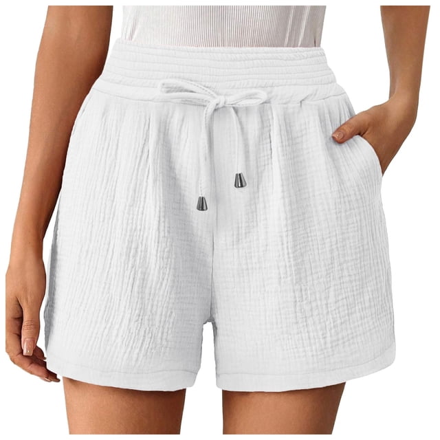 Timegard Wide Leg Shorts for Women Elastic High Waisted Drawstring Stretch Casual Shorts with Pockets