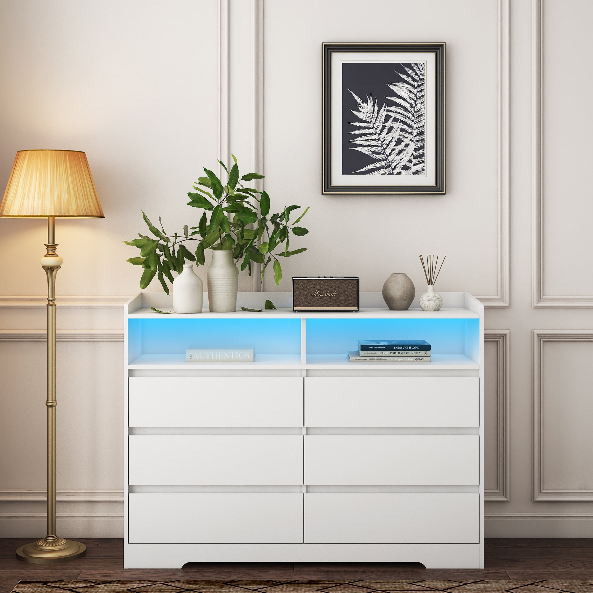 Kepooman 51" Living Room 6-Drawers Storage Display Cabinet, Modern White Console Table with 16 Colors LED Lights Kepooman 51" Living Room 6-Drawers Storage Display Cabinet, Modern White Console Table with 16 Colors LED Lights