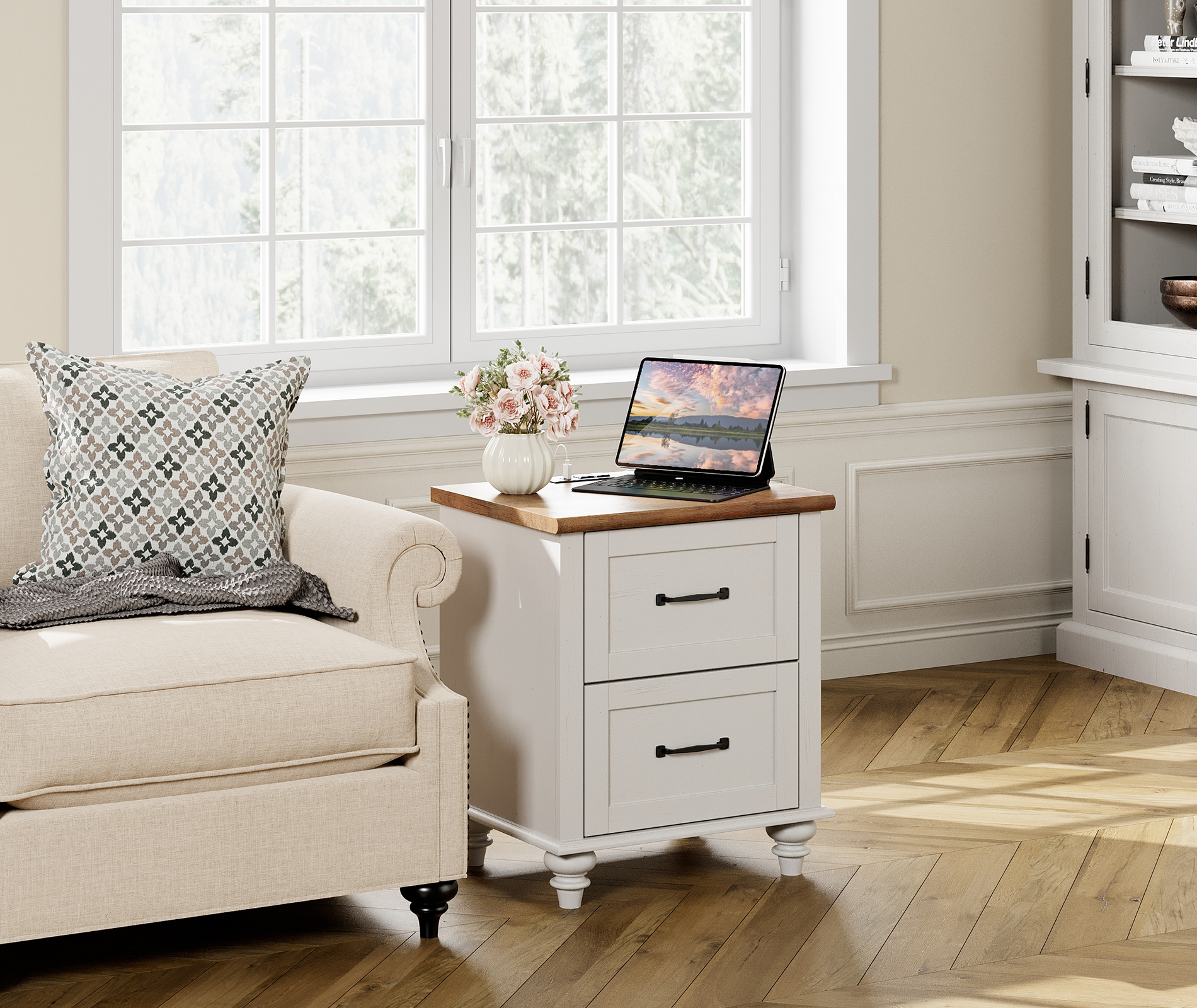 Nightstand Set of 2 with Charging Station Farmhouse Wooden End Table Sofa Side Table  with 2 Drawers for Bedroom Living Room, White/ Oak