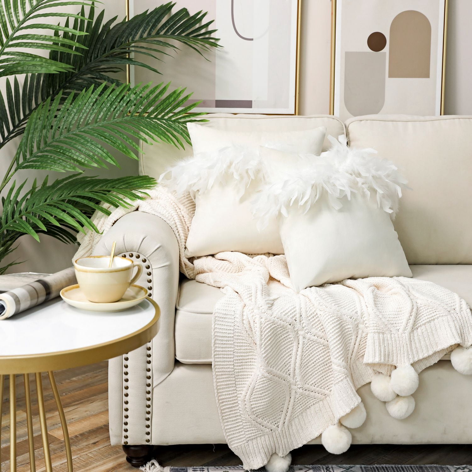 Phantoscope Feather Velvet Decorative Throw Pillows, 18 x 18 in, Off White, 2 Pack