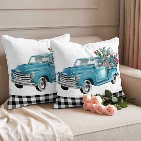 Outdoor Pillow Covers Set of 2 Farmhouse Truck Cacti Flower Decorative Throw Pillow Covers 16X16IN Black White Buffalo Plaid Throw Pillows Protector Cushion Case for Patio Couch Sofa Garden