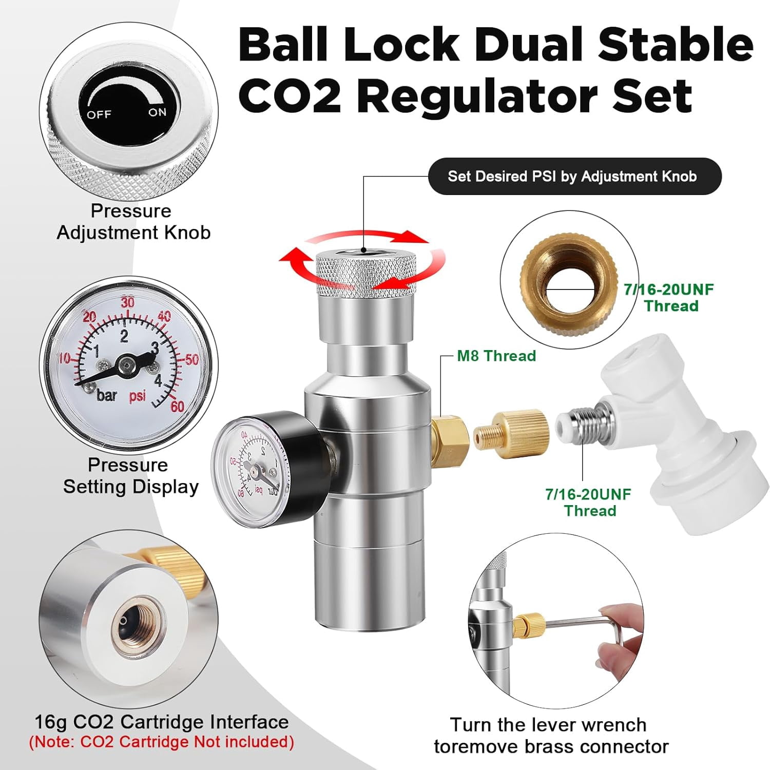 Upgrade Dual-Stage CO2 Regulator & Ball Lock Beer Faucet Set, 0-60PSI Portable Mini Keg Stainless Steel Core Self-Closing with Quick Disconnect for Homebrew, Corny