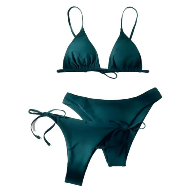Trajes de baño para mujer, Trajes de baño para mujer, Traje de baño bikini de tirantes sin espalda de color liso para mujer, Conjunto de bikini con bloques de color y hombros descubiertos, Traje de ba