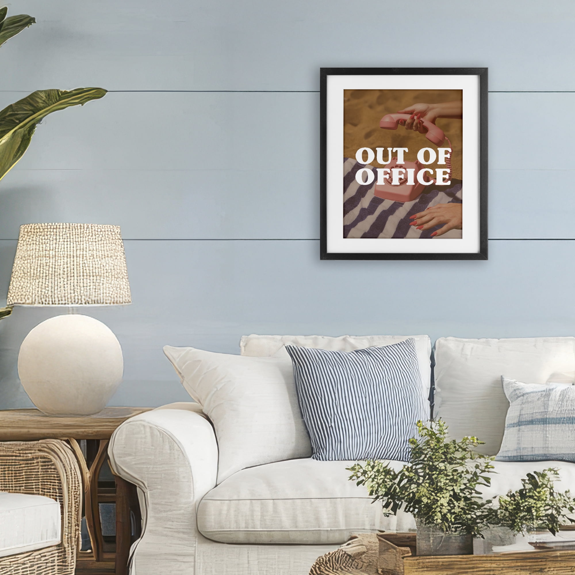 Out of Office Pink Phone Black Framed Print Under Glass, design by Lil' Rue