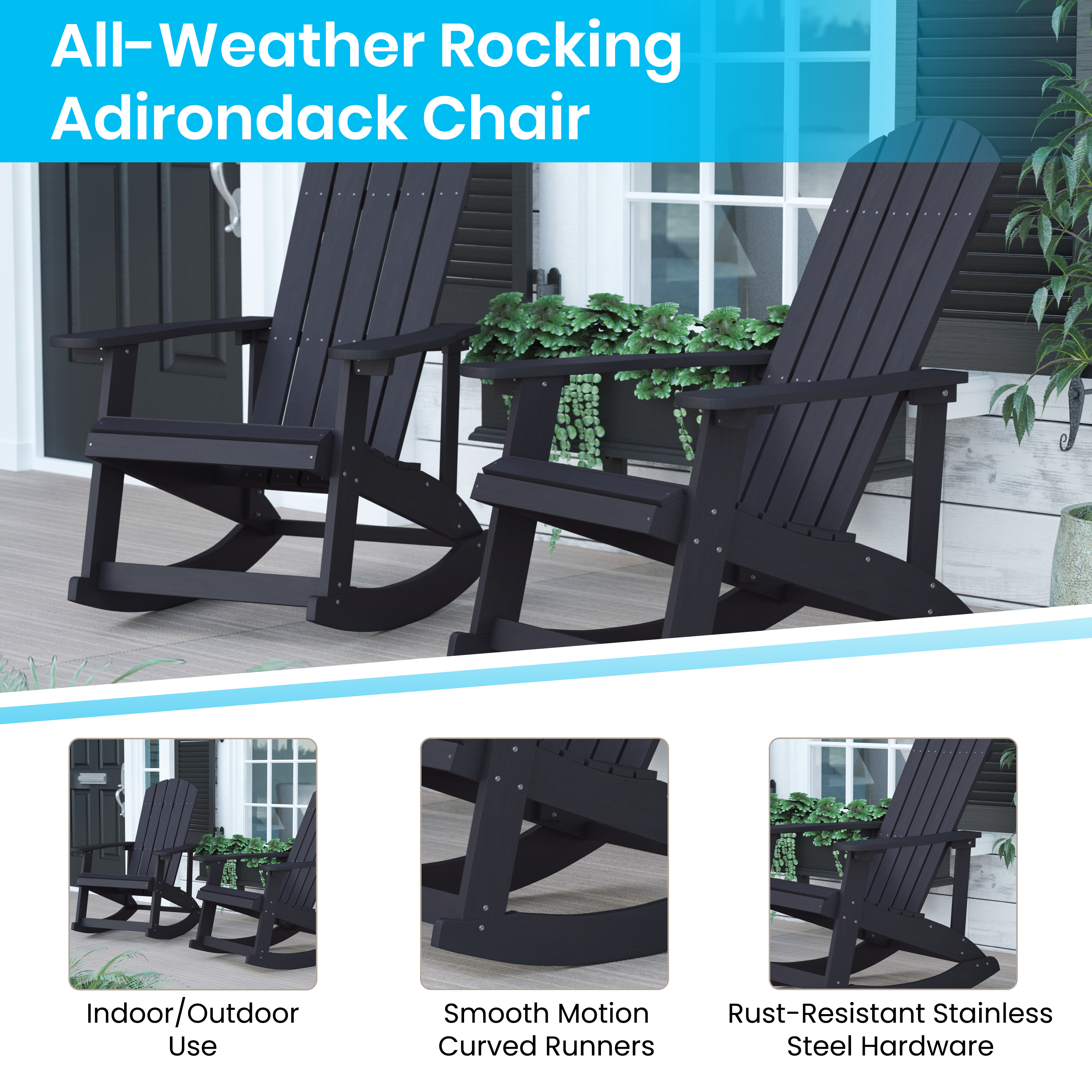 BizChair Set of 4 Black Commercial Grade All-Weather Poly Resin Wood Adirondack Rocking Chairs with 22" Round Wood Burning Fire Pit - image 4 of 12