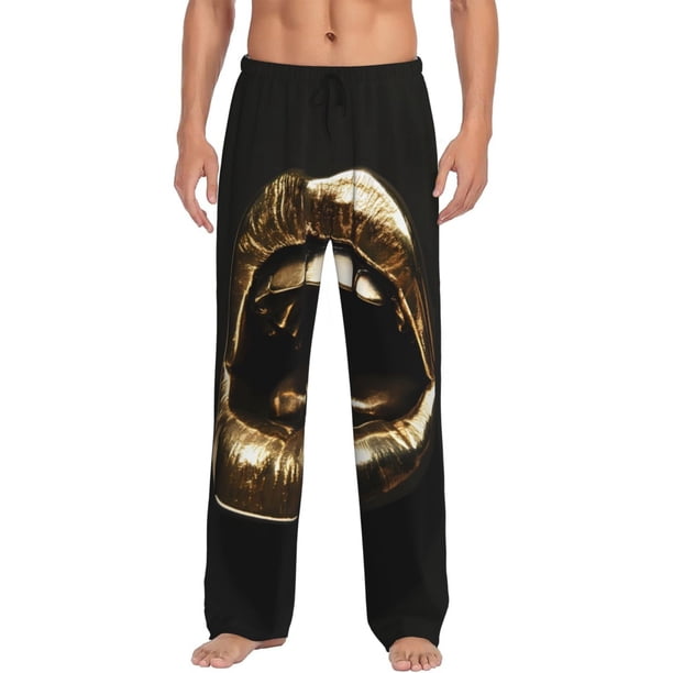 Fotbe Golden Lips Modern Sculpture Pantalones de Pijama para Hombre, Pantalones de Dormir, Pantalones de Casa con Cintura Ajustable y Bolsillos-3X-Large