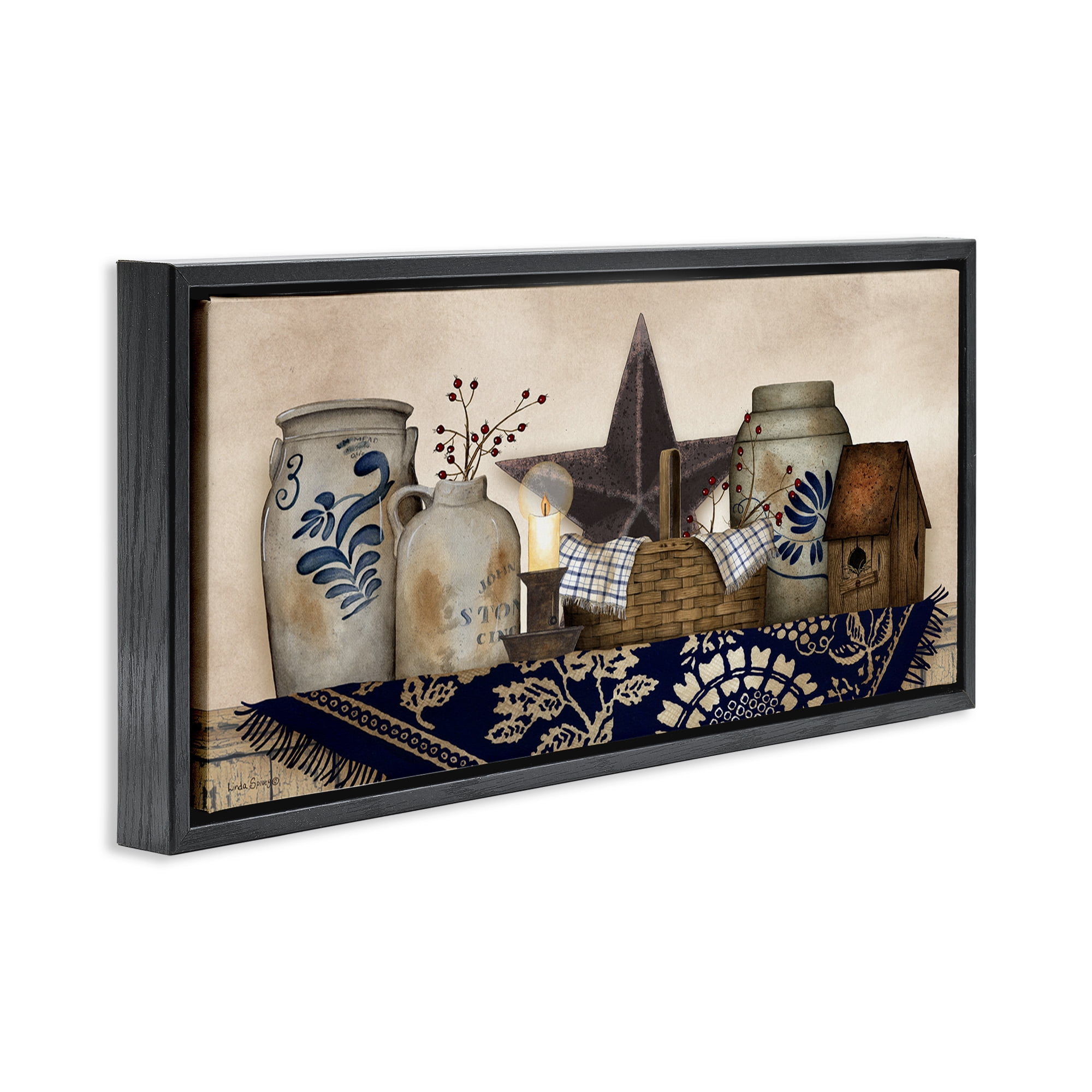 Stupell Industries Rustic Pottery Jars Botanical & Floral Painting Black Floater Framed Canvas Art Print Wall Art, 25 x 11
