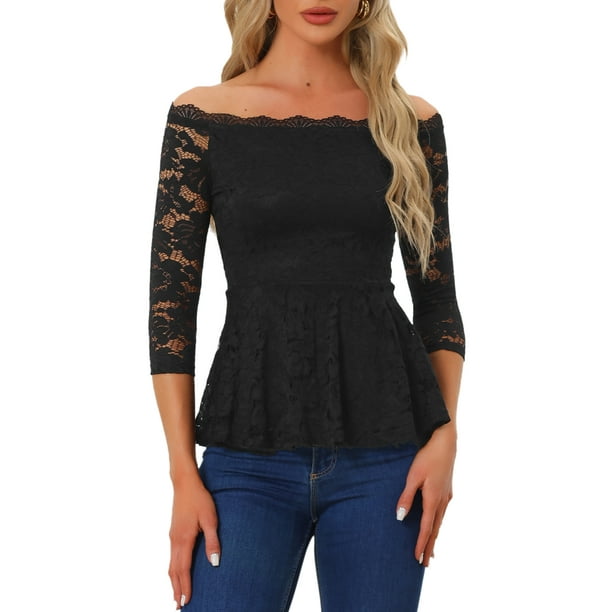 INSPIRAR CHIC Blusa de Encaje Floral para Mujeres, Off Shoulder, Transparente, Manga 3/4, Top Peplum, M Negro