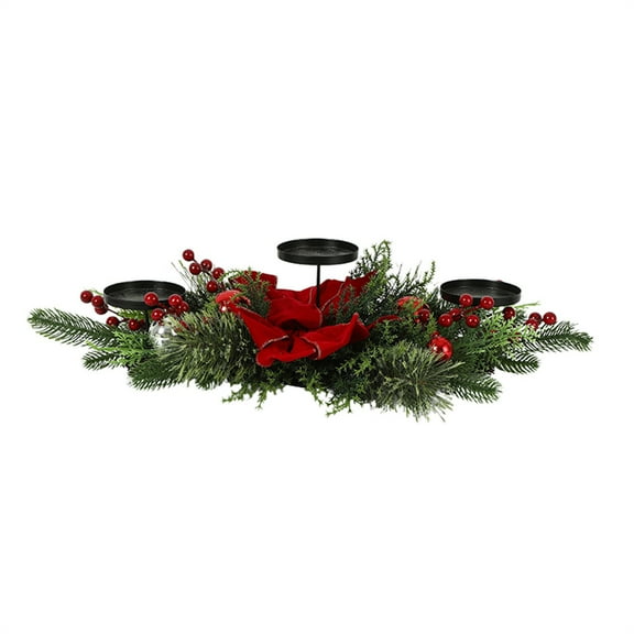geerera Christmas Candle Holder Centerpiece, Pinecone and Red Berry Arrangement, 3-Holder Table Accents, for Festival Dining, Home Decor, Seasonal Tablescapes
