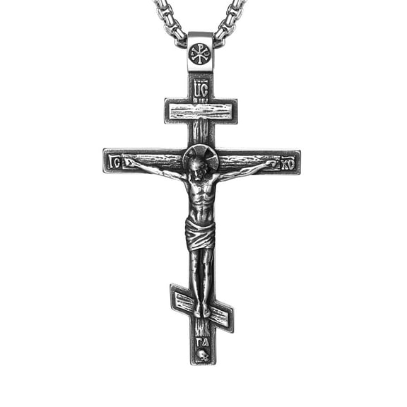 OIDEA Stainless Steel Orthodox Byzantine Crucifix Cross Pendant Necklace for Men Women Christian Jewelry Silver