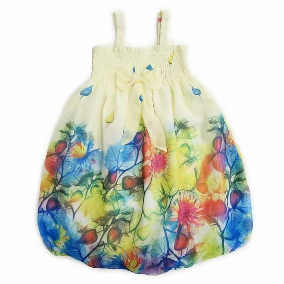 Wenchoice Yellow & Blue Leaves Bow-Accent Babydoll Dress - Girls M(2-4 Years)