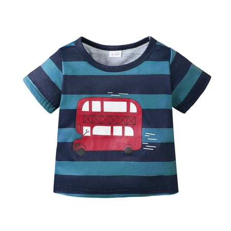 

KIMI BEAR Infant Boy Outfits 12 Months Infant Boy Spring Summer Tops 18 Months Infant Boy Stripes Stitching Bus Prints Short Sleeve Cozy T-shirt Blue