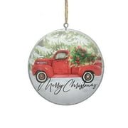 Holiday Time Casual Tradition Red Disc Metal Ornament with Pickup Truck Graphic Decorative Accents Ornament