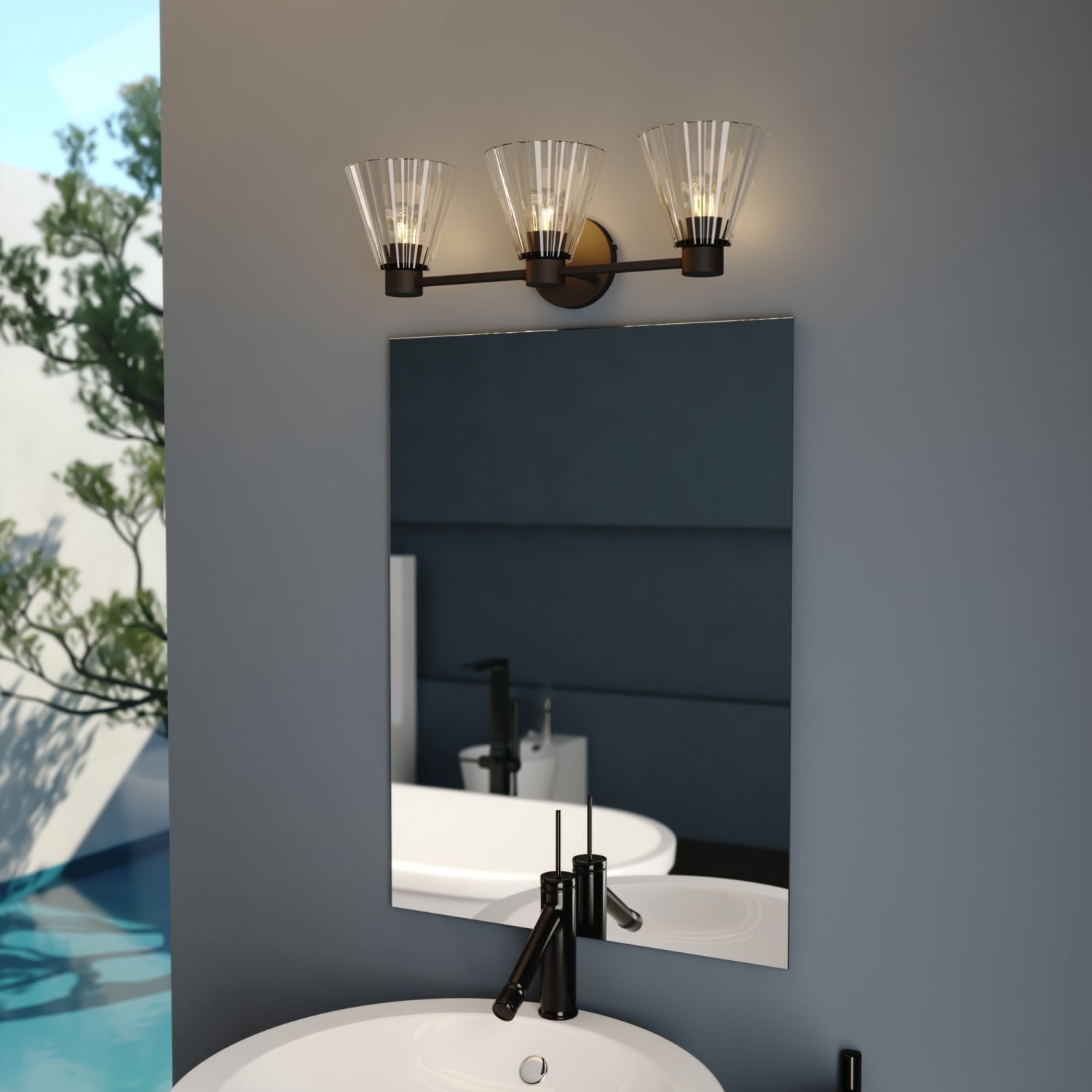 Dalton 3-Light 25.5 in. Wide Matte Black Transitional Bathroom Vanity Lighting Fixture, Clear Ribbed Cone Glass Shade, Dimmable, LED Compatible, Over the Mirror Mounted Steel Wall Sconce