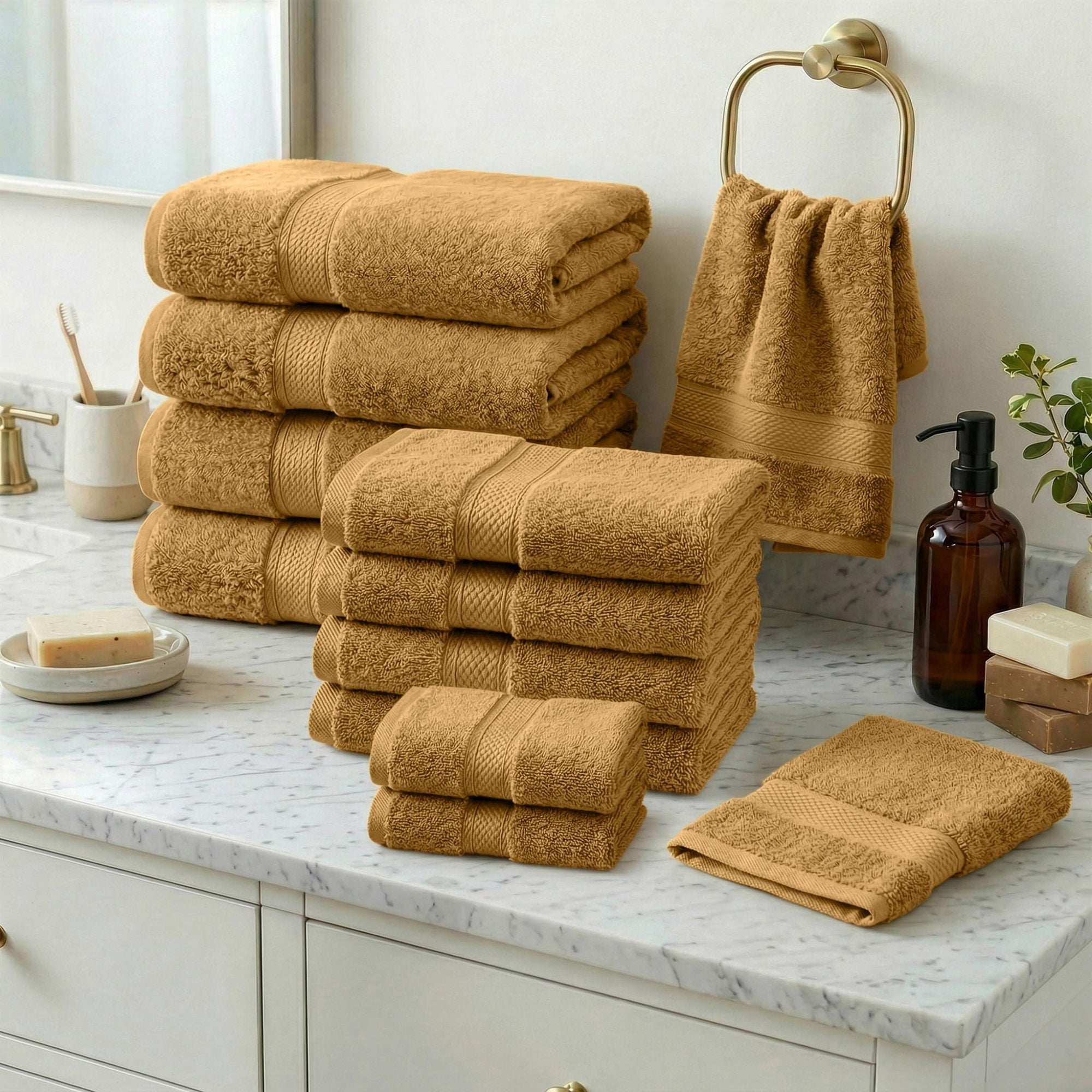 Superior Madeline Egyptian Cotton Ultra-Plush 12-Piece Towel Set, Gold