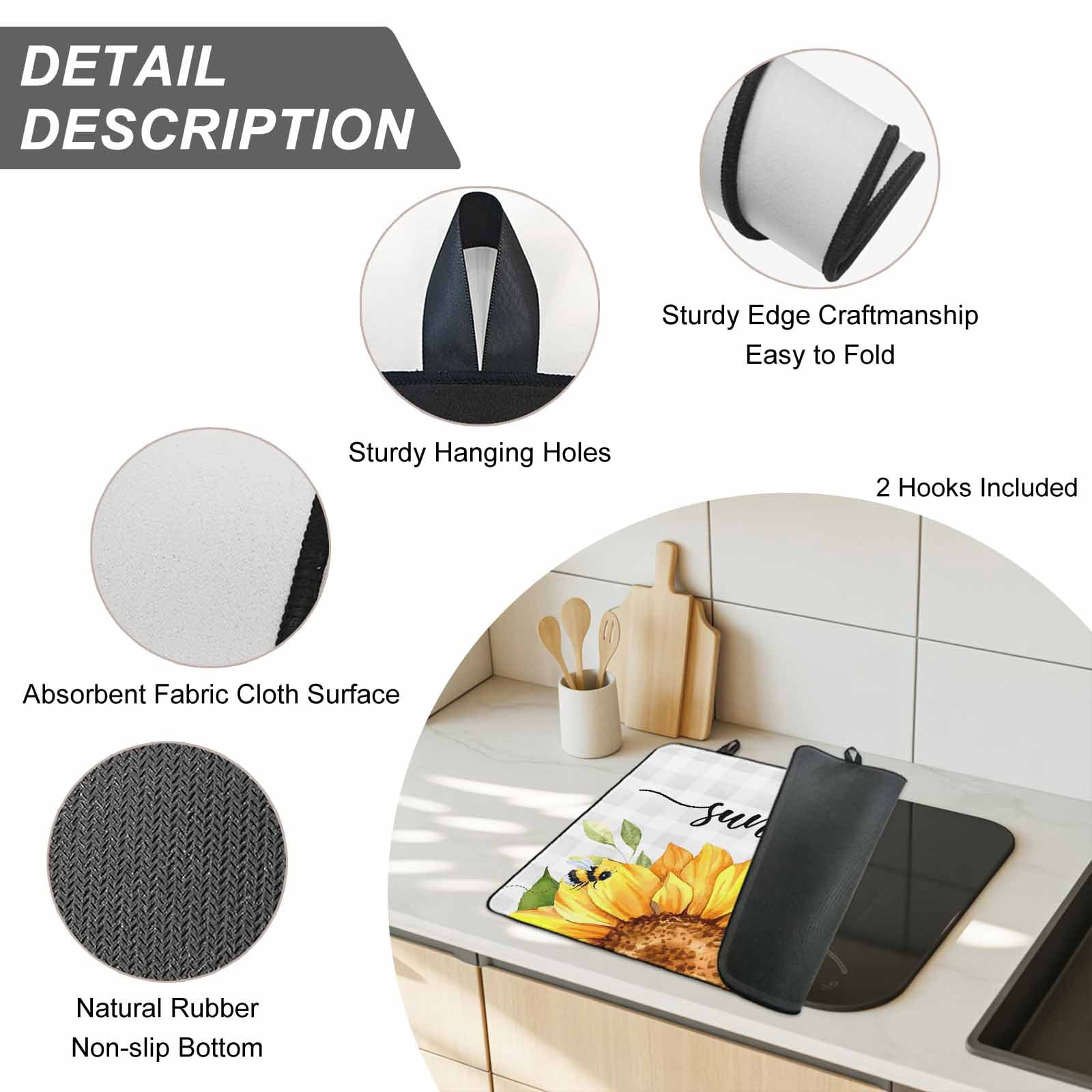 Sunflowers Bees Stove Top Cover for Electric Stove, Heat-proof & Non Slip Glass Top Stove Cover Protector, Grey Check Sunshine Watercolor Floral Kitchen Flat Cooktop Rubber Mat 24x21 Inches