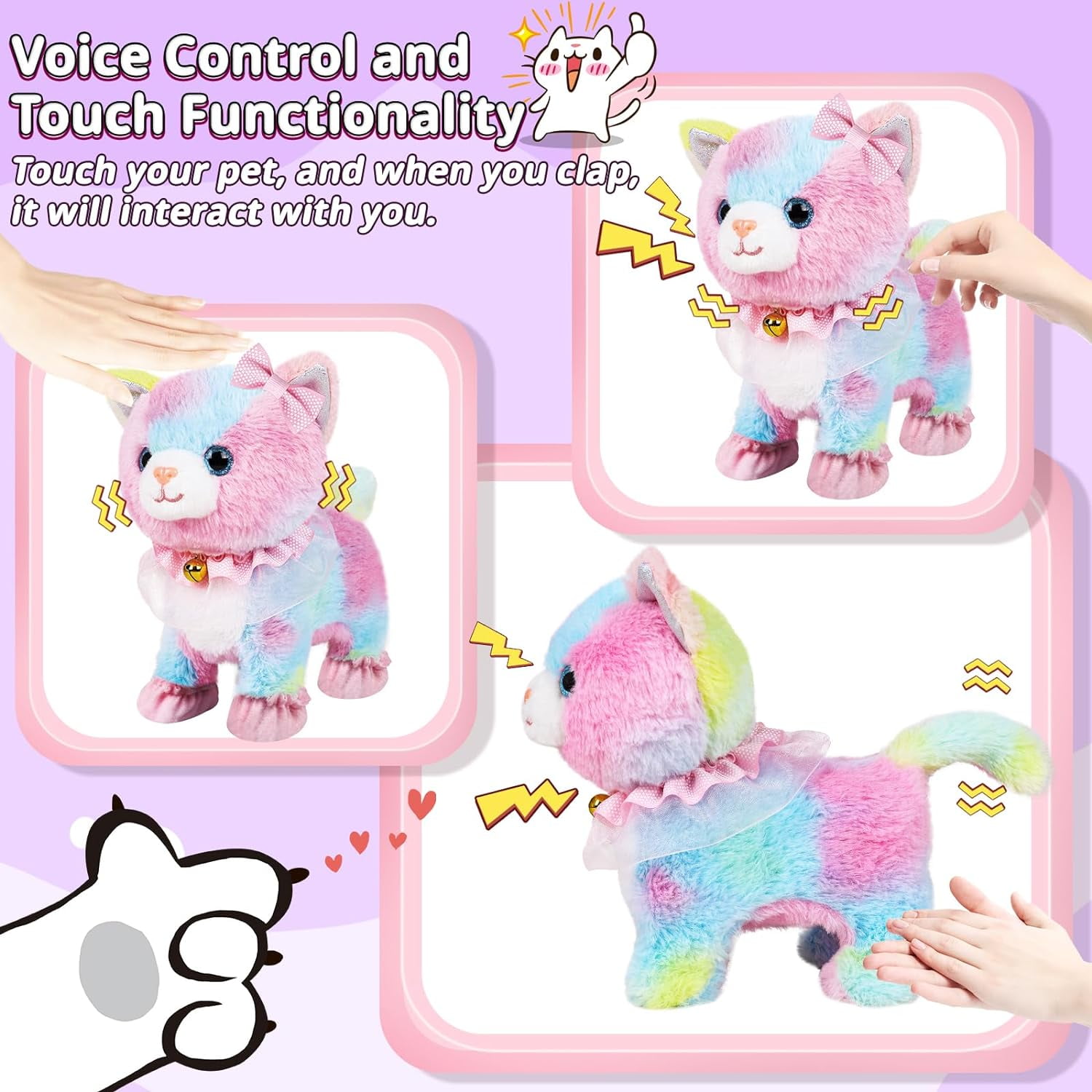 Walking and Barking Robot Cat Plush Cat Remote Control Kitten for Girls (Colorful Cat)-Interactive Electronic Plush Toy