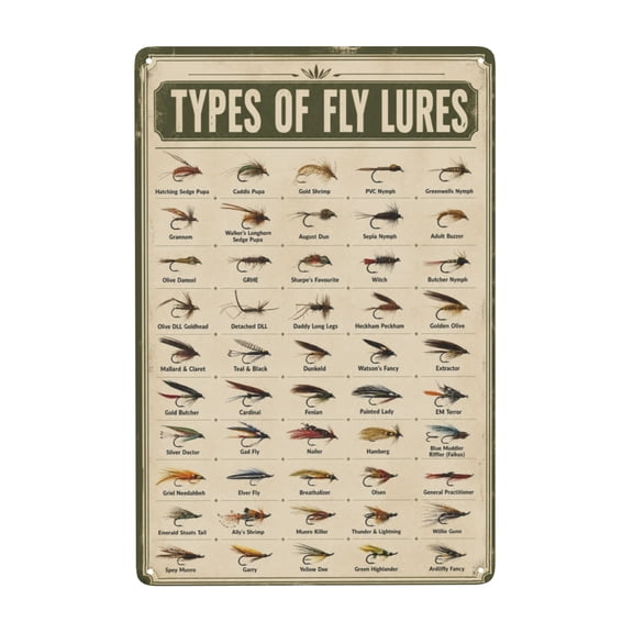 Fly Fishing Lure Guide Metal Tin Sign For Bar Or Man Cave Wall Decor 8x12 Inch
