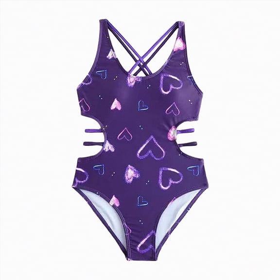 CAICJ98 Girls One Piece Swimsuits Cut Out Spaghetti Straps Bathing Suit for Girls Floral Beach Swimwear (Dark Purple,10-11 Years)