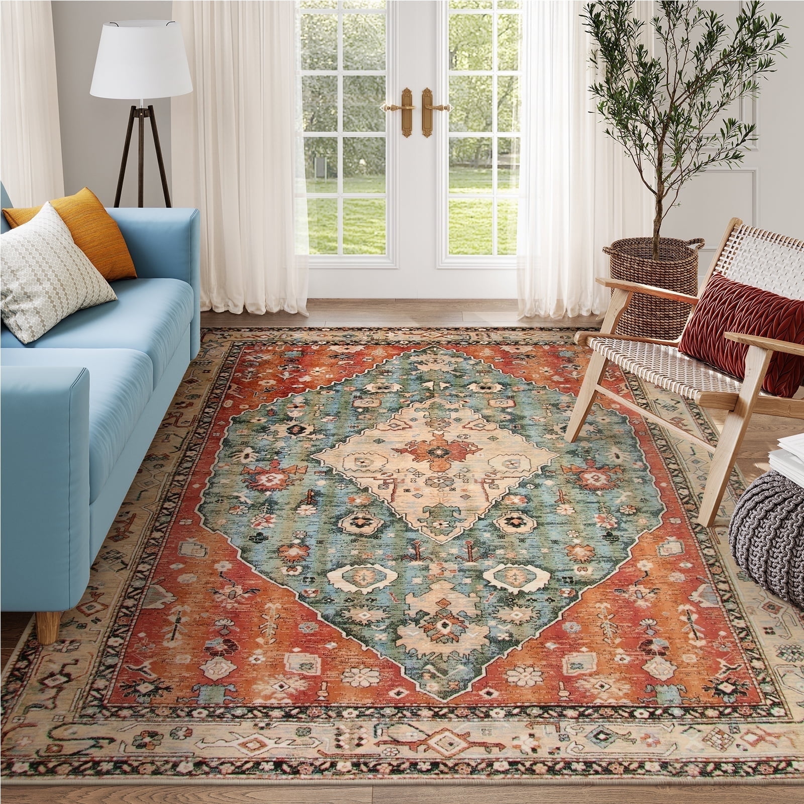 Wonnitar 6'x9' Area Rug for Living Room Boho Tribal Soft Washable Rugs Large Dining Room Mat Indoor Printed Non-Slip Classroom Office Carpet for Apartment Porch Dorm,Rust