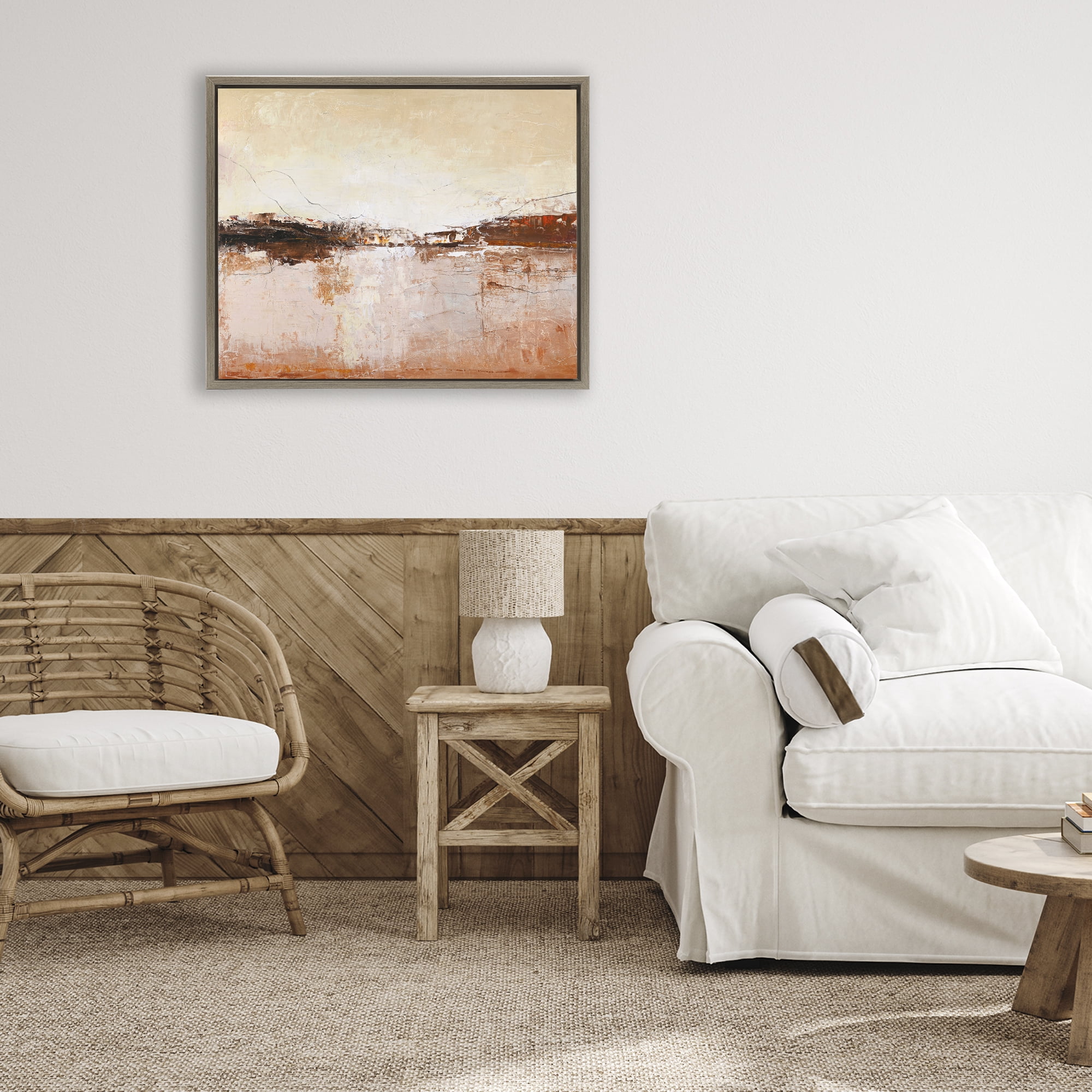 Warm Distressed Horizon Brown Framed Floater Canvas Wall Art, design by Design Fabrikken
