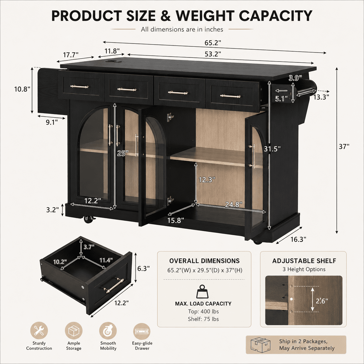 Homy Casa 65.2" Kitchen Island with Storage, Drop Leaf, Power Outlet and Arched Glass Doors, Black