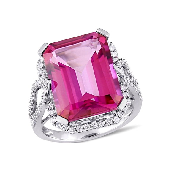 14 1/2 Carat (Ctw) Pink Topaz Ring in 14K White Gold with Diamonds for Women